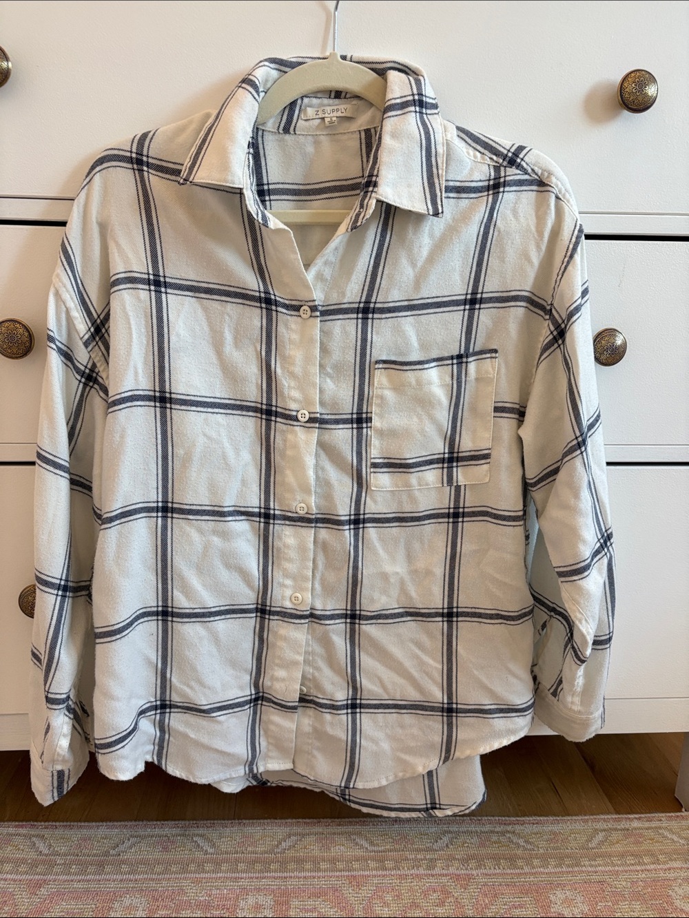 Z Supply Size Small Cream and Navy Plaid Shirt